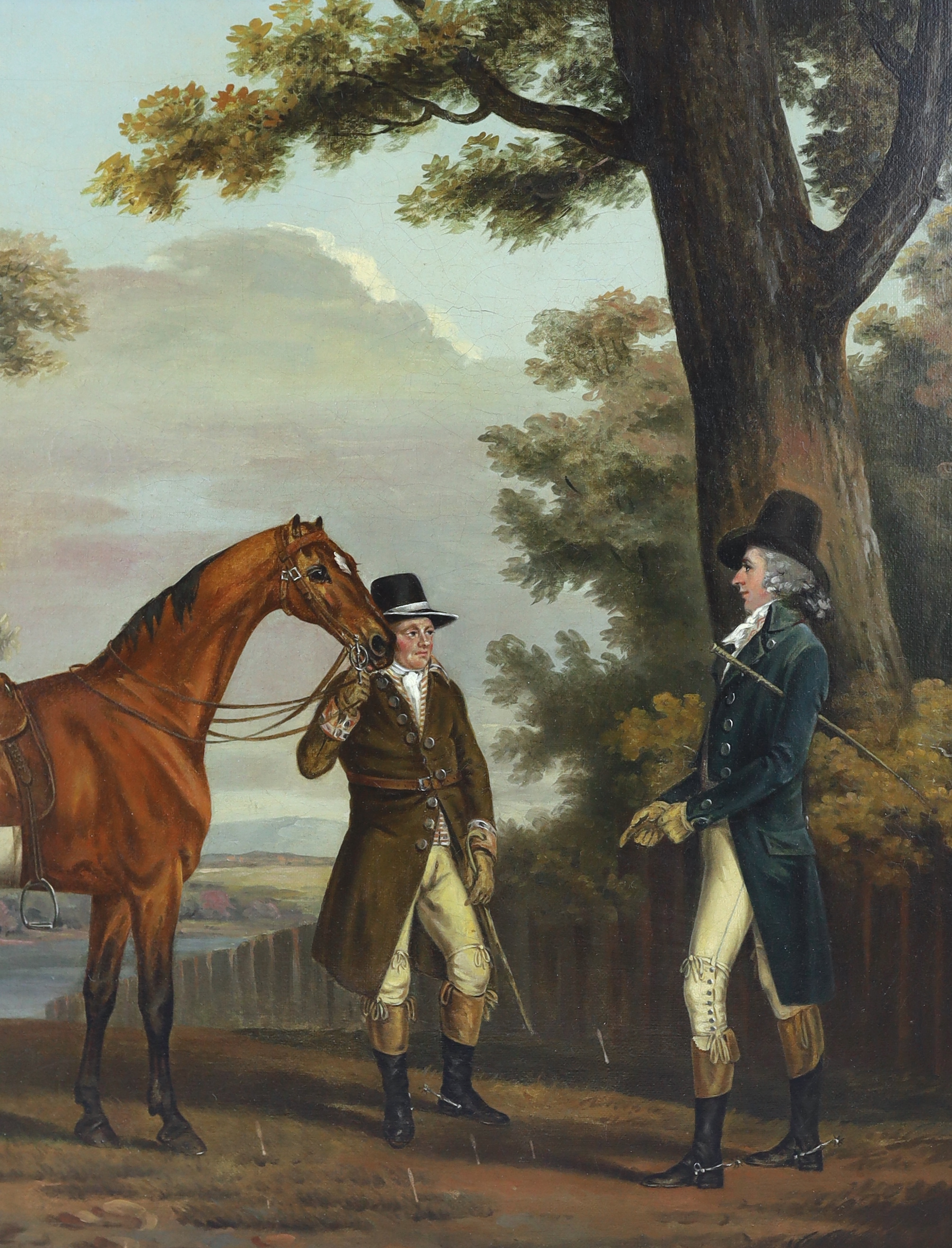 Manner of Thomas Stringer (English, 1722-1790), A gentleman, groom and chestnut horse in a landscape, oil on canvas, 49 x 60cm